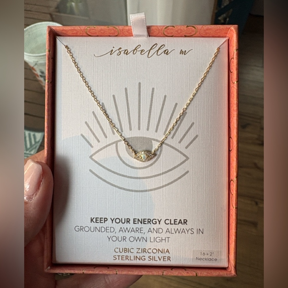 Isabella M Gold/Sterling Silver Opal evil eye CZ necklace new